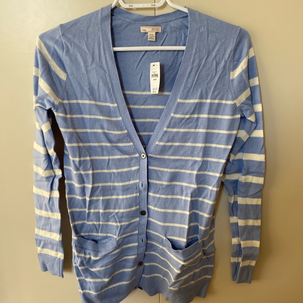 GAP Light Blue and White Striped Cardigan